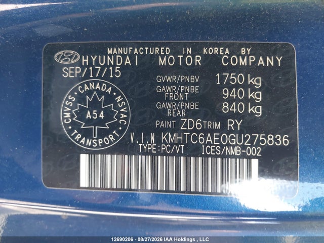 2016 Hyundai Veloster Turbo მანქანა იყიდება აუქციონზე, vin: KMHTC6AE0GU275836, აუქციონის ნომერი: 12690206