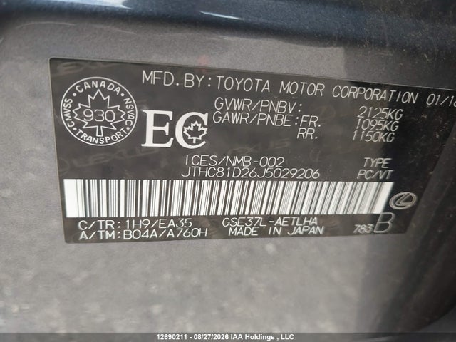 12690211 :رقم المزاد ، JTHC81D26J5029206 vin ، 2018 Lexus Is 300 300 مزاد بيع