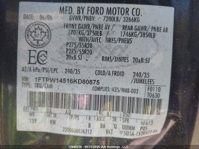 12690236 :رقم المزاد ، 1FTPW14516KD80875 vin ، 2006 Ford F150 Supercrew مزاد بيع