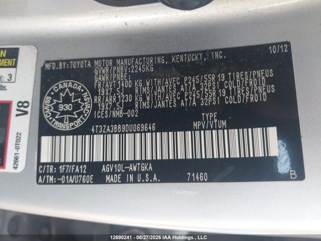 12690241 :رقم المزاد ، 4T3ZA3BB9DU069646 vin ، 2013 Toyota Venza مزاد بيع