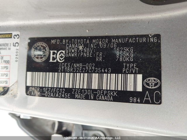 12690249 :رقم المزاد ، 2T1BR32E27C735443 vin ، 2007 Toyota Corolla Ce/le/sport مزاد بيع