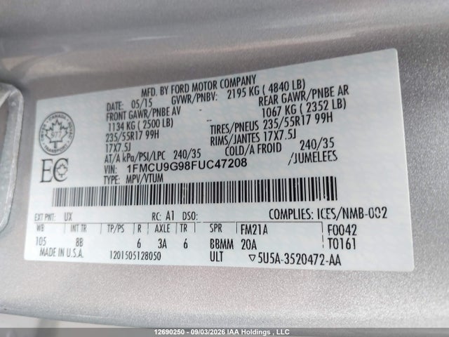 Ford ESCAPE SE 2015 1FMCU9G98FUC47208 Image 9