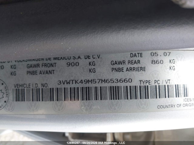 Продаж на аукціоні авто 2007 Volkswagen Jetta Glx, vin: 3VWTK49M57M653660, номер лоту: 12690257
