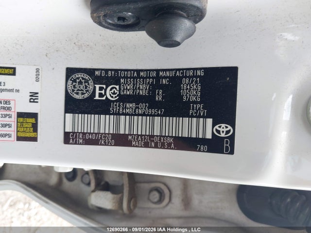 2022 Toyota Corolla Se მანქანა იყიდება აუქციონზე, vin: 5YFB4MBE8NP099547, აუქციონის ნომერი: 12690266