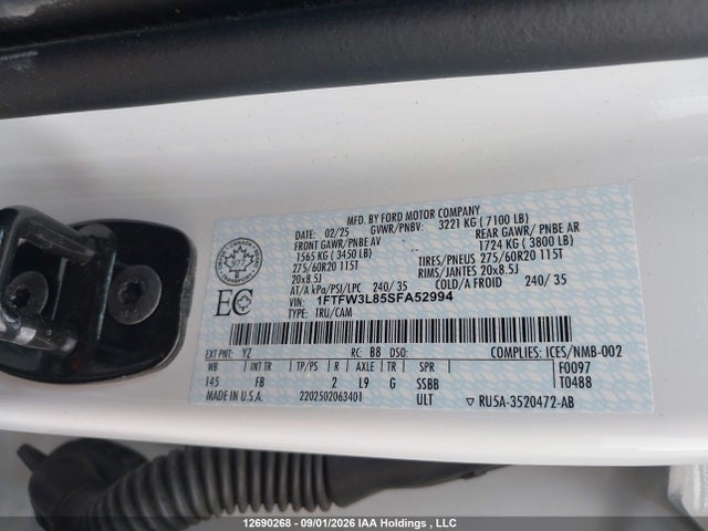 2025 Ford F-150 Xlt მანქანა იყიდება აუქციონზე, vin: 1FTFW3L85SFA52994, აუქციონის ნომერი: 12690268
