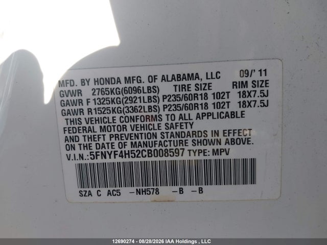 12690274 :رقم المزاد ، 5FNYF4H52CB008597 vin ، 2012 Honda Pilot Ex-l مزاد بيع