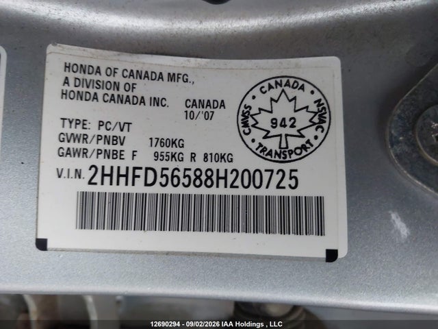 Продаж на аукціоні авто 2008 Acura Csx, vin: 2HHFD56588H200725, номер лоту: 12690294