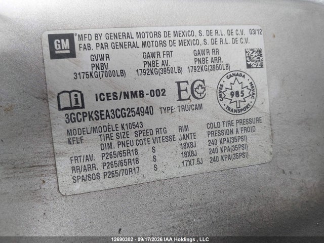 Продажа на аукционе авто 2012 Chevrolet Silverado 1500, vin: 3GCPKSEA3CG254940, номер лота: 12690302