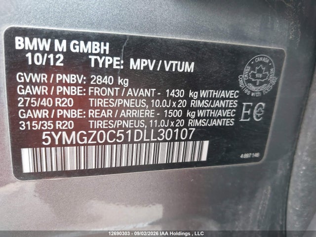 12690303 :رقم المزاد ، 5YMGZ0C51DLL30107 vin ، 2013 Bmw X6 M مزاد بيع