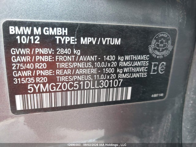 12690303 :رقم المزاد ، 5YMGZ0C51DLL30107 vin ، 2013 Bmw X6 M مزاد بيع