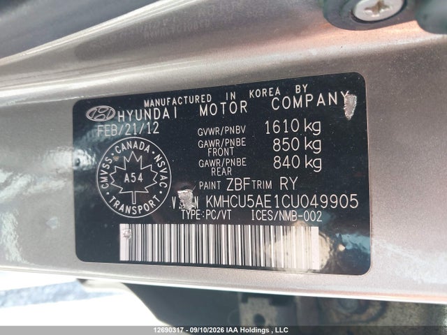 2012 Hyundai Accent Gls/gs/se მანქანა იყიდება აუქციონზე, vin: KMHCU5AE1CU049905, აუქციონის ნომერი: 12690317
