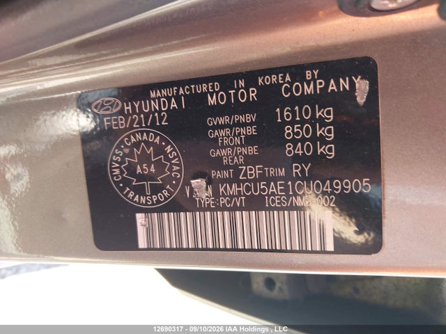 2012 Hyundai Accent Gls/gs/se მანქანა იყიდება აუქციონზე, vin: KMHCU5AE1CU049905, აუქციონის ნომერი: 12690317