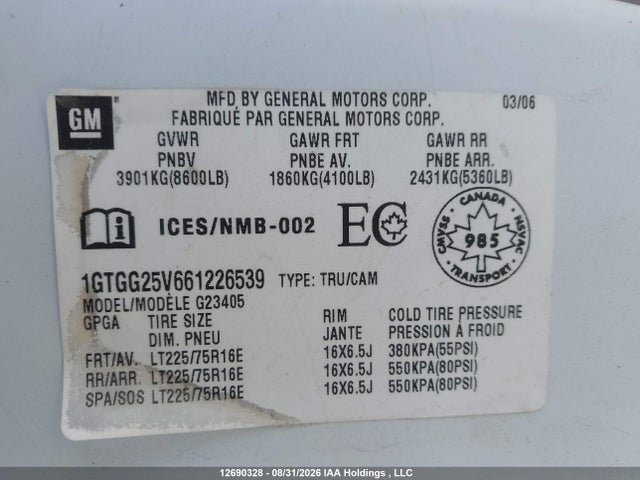 Aukcja sprzedaży 2006 Gmc Savana G2500, vin: 1GTGG25V661226539, numer aukcji: 12690328