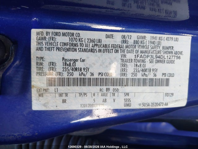 Продаж на аукціоні авто 2013 Ford Focus St St, vin: 1FADP3L94DL127756, номер лоту: 12690329