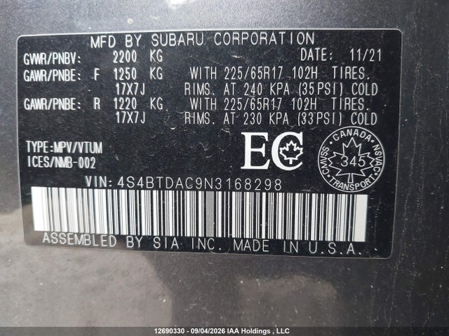 12690330 :رقم المزاد ، 4S4BTDAC9N3168298 vin ، 2022 Subaru Outback Convenience مزاد بيع