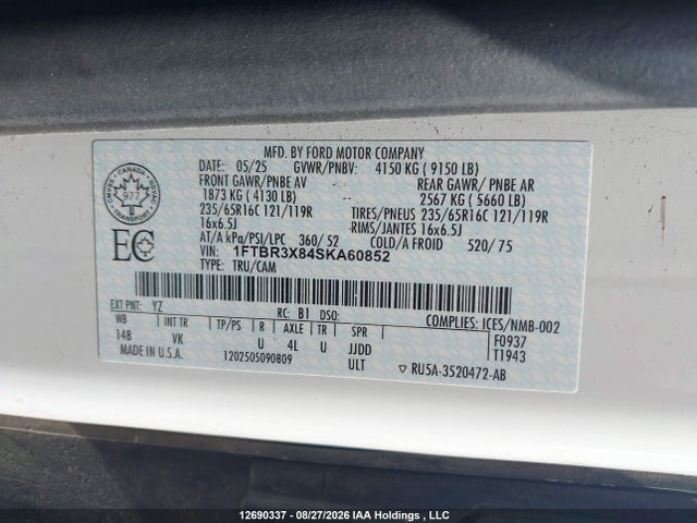Продажа на аукционе авто 2025 Ford Transit T-250, vin: 1FTBR3X84SKA60852, номер лота: 12690337
