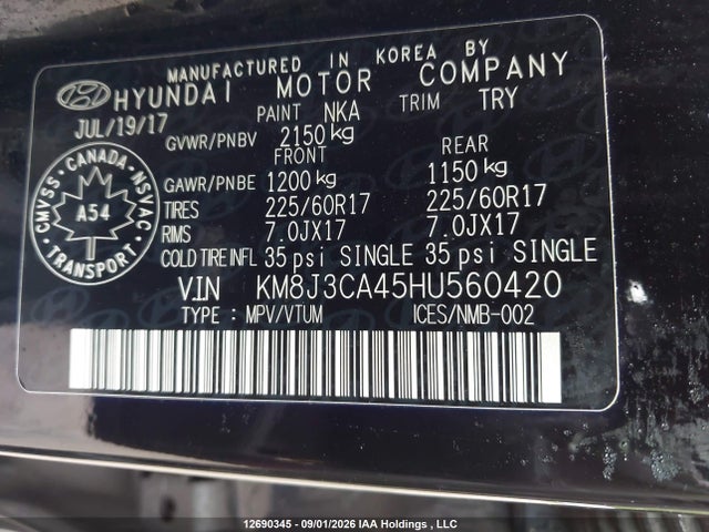 Продаж на аукціоні авто 2017 Hyundai Tucson Limited/sport And Eco/se, vin: KM8J3CA45HU560420, номер лоту: 12690345