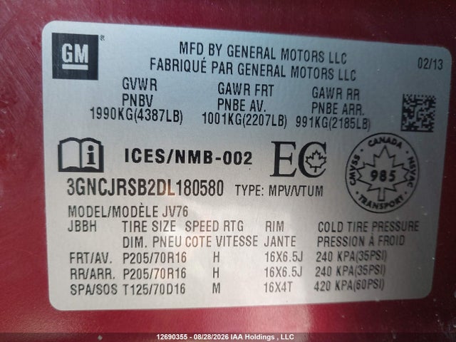 Продаж на аукціоні авто 2013 Chevrolet Trax 2lt, vin: 3GNCJRSB2DL180580, номер лоту: 12690355