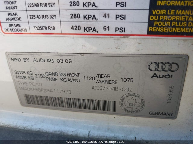 Продаж на аукціоні авто 2009 Audi A3 2.0t Quattro, vin: WAUKF68PX9A117973, номер лоту: 12676392
