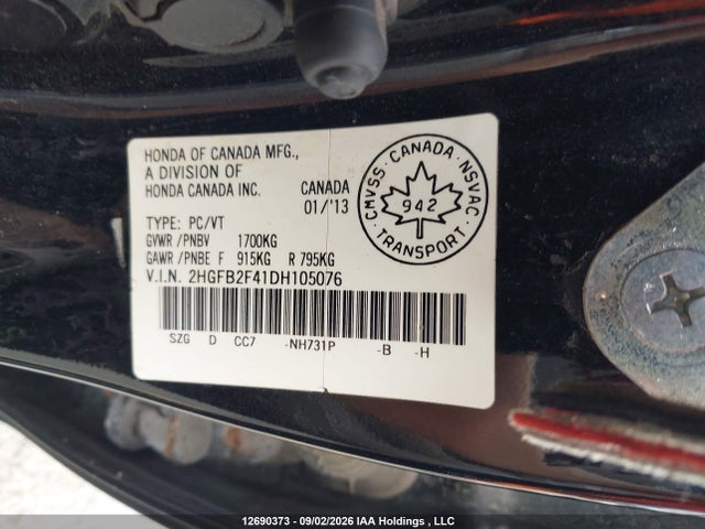 Продажа на аукционе авто 2013 Honda Civic Lx, vin: 2HGFB2F41DH105076, номер лота: 12690373