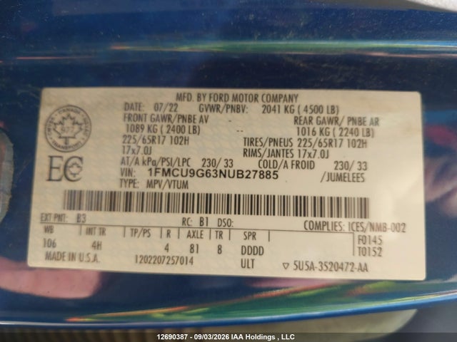 12690387 :رقم المزاد ، 1FMCU9G63NUB27885 vin ، 2022 Ford Escape Se مزاد بيع