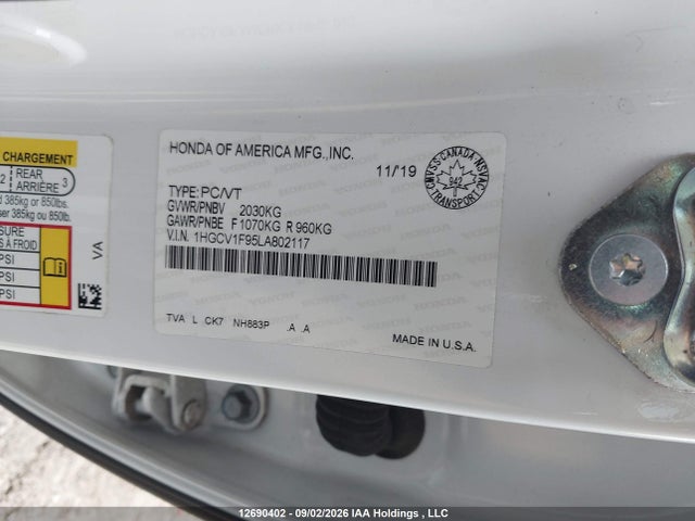 Aukcja sprzedaży 2020 Honda Accord Touring 1.5t, vin: 1HGCV1F95LA802117, numer aukcji: 12690402