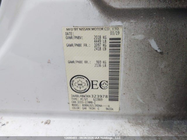 1N4BL4BW3KN323978 Nissan ALTIMA S