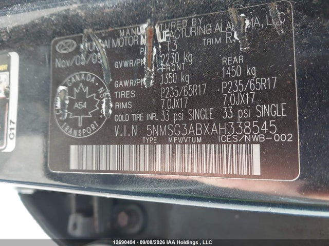 Продаж на аукціоні авто 2010 Hyundai Santa Fe Gl 2.4, vin: 5NMSG3ABXAH338545, номер лоту: 12690404