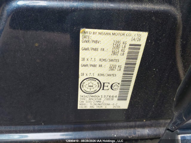 Продажа на аукционе авто 2016 Nissan Murano Platinum/sl/sv, vin: 5N1AZ2MH0GN137664, номер лота: 12690410