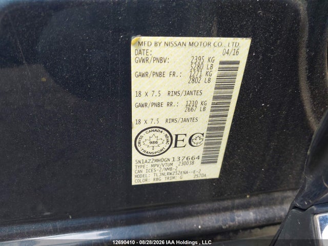 Продажа на аукционе авто 2016 Nissan Murano Platinum/sl/sv, vin: 5N1AZ2MH0GN137664, номер лота: 12690410