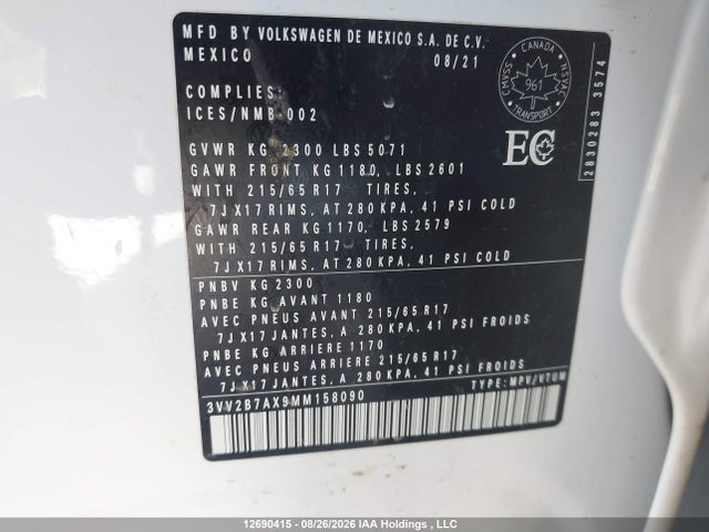 12690415 :رقم المزاد ، 3VV2B7AX9MM158090 vin ، 2021 Volkswagen Tiguan Se/se R-line Black/sel مزاد بيع