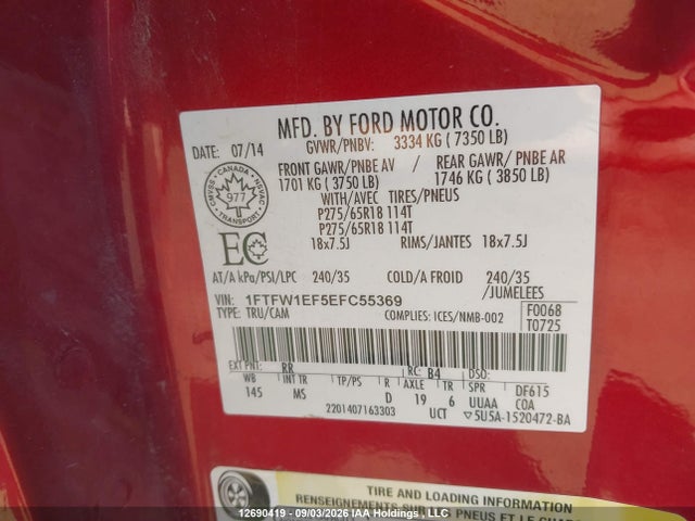 12690419 :رقم المزاد ، 1FTFW1EF5EFC55369 vin ، 2014 Ford F-150 Xlt مزاد بيع