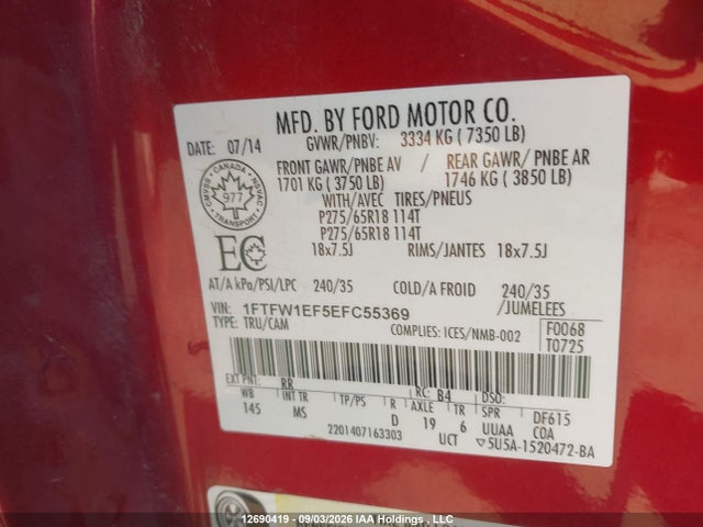 12690419 :رقم المزاد ، 1FTFW1EF5EFC55369 vin ، 2014 Ford F-150 Xlt مزاد بيع
