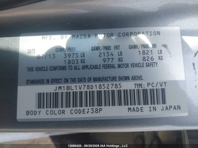 12690420 :رقم المزاد ، JM1BL1V78D1852785 vin ، 2013 Mazda 3 I مزاد بيع