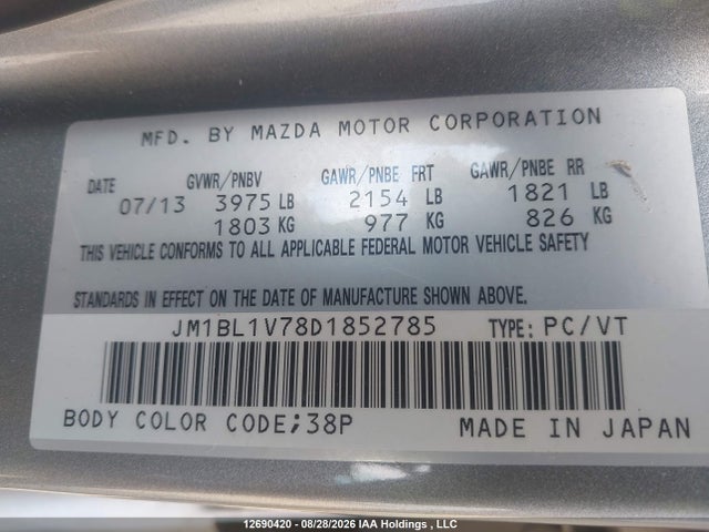 12690420 :رقم المزاد ، JM1BL1V78D1852785 vin ، 2013 Mazda 3 I مزاد بيع