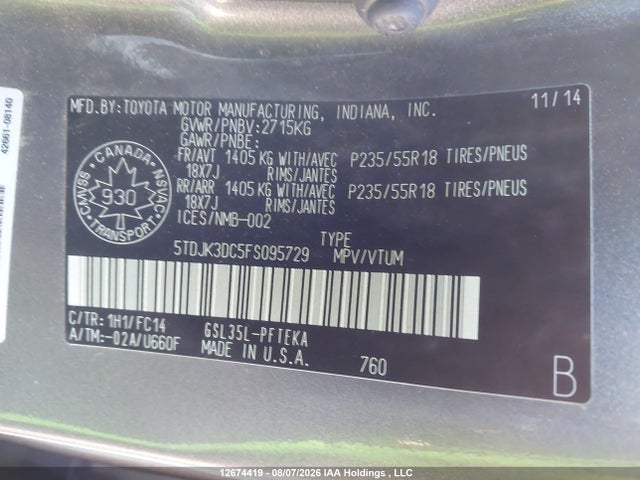 5TDJK3DC5FS095729 Toyota Sienna Le 7 Passenger