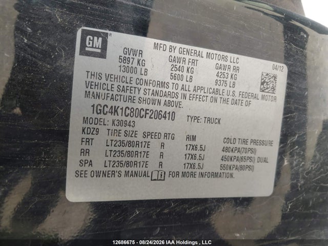 2012 Chevrolet Silverado 3500hd Ltz მანქანა იყიდება აუქციონზე, vin: 1GC4K1C80CF206410, აუქციონის ნომერი: 12686675