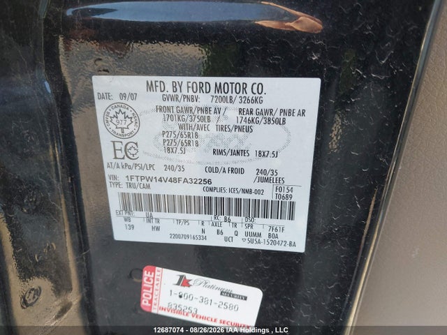 Продажа на аукционе авто 2008 Ford F-150 Fx4/king Ranch/lariat/xlt, vin: 1FTPW14V48FA32256, номер лота: 12687074