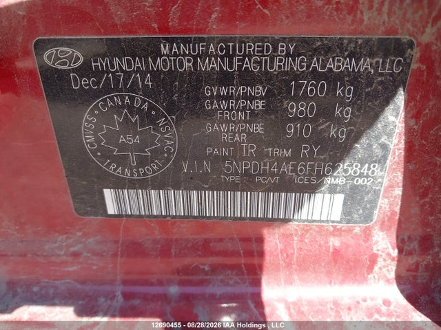 12690455 :رقم المزاد ، 5NPDH4AE6FH625848 vin ، 2015 Hyundai Elantra Gl مزاد بيع