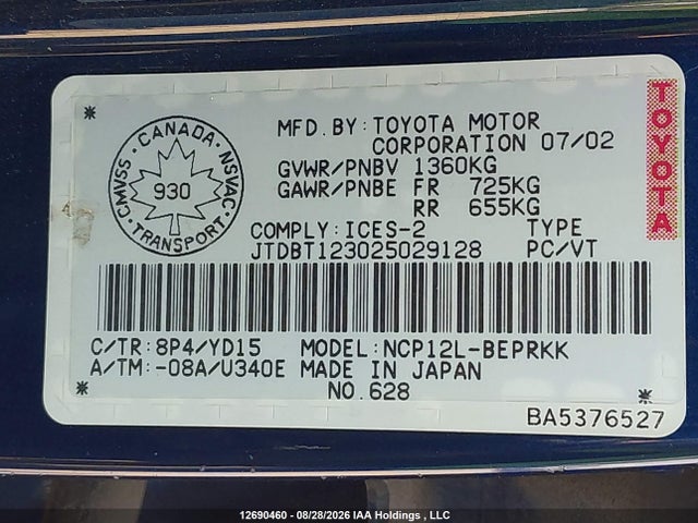 12690460 :رقم المزاد ، JTDBT123025029128 vin ، 2002 Toyota Echo مزاد بيع