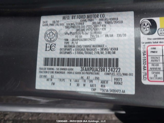 Продажа на аукционе авто 2011 Ford Fusion Sel, vin: 3FAHP0JA2BR124222, номер лота: 12690465
