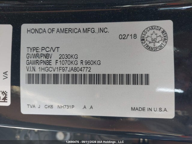 Honda Accord Touring 2018 1HGCV1F97JA804772 Image 9