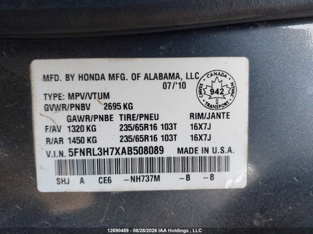 Продаж на аукціоні авто 2010 Honda Odyssey Exl, vin: 5FNRL3H7XAB508089, номер лоту: 12690489