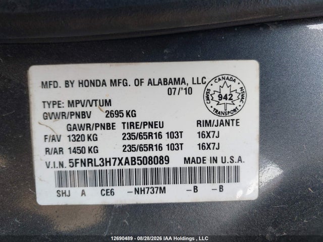 Продаж на аукціоні авто 2010 Honda Odyssey Exl, vin: 5FNRL3H7XAB508089, номер лоту: 12690489