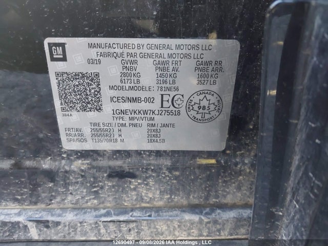 Aukcja sprzedaży 2019 Chevrolet Traverse Premier, vin: 1GNEVKKW7KJ275518, numer aukcji: 12690497