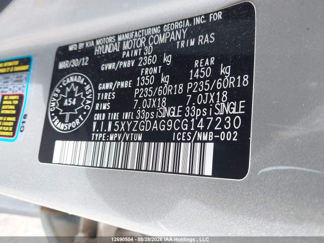 Aukcja sprzedaży 2012 Hyundai Santa Fe Gls, vin: 5XYZGDAG9CG147230, numer aukcji: 12690504