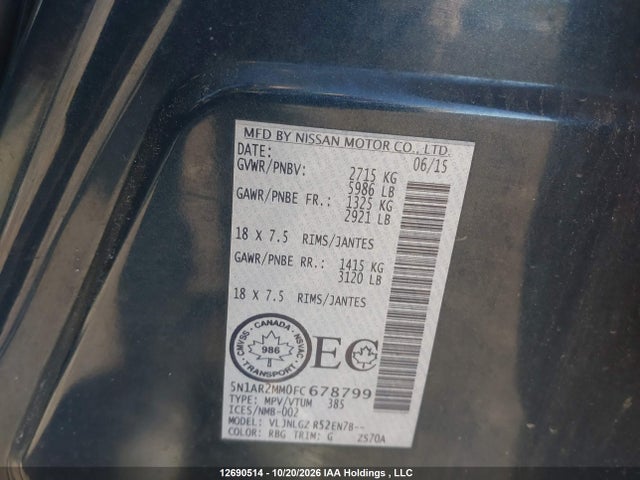 Продаж на аукціоні авто 2015 Nissan Pathfinder Platinum/s/sl/sv, vin: 5N1AR2MM0FC678799, номер лоту: 12690514