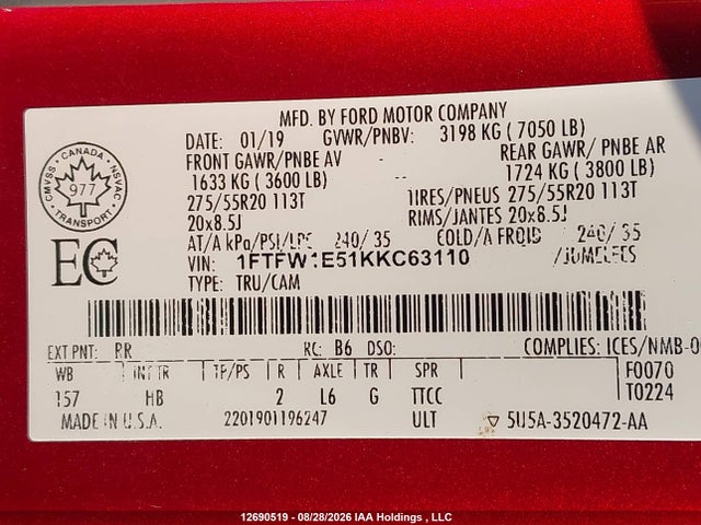 Ford F-150 Lariat 2019 1FTFW1E51KKC63110 Image 9