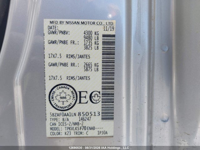2020 Nissan Nv Passenger Nv3500 Hd Sl V8/sv V8 მანქანა იყიდება აუქციონზე, vin: 5BZAF0AA1LN850513, აუქციონის ნომერი: 12690530