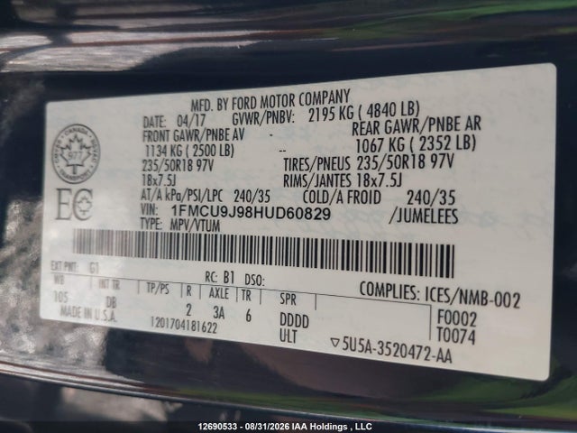 1FMCU9J98HUD60829 Ford Escape Titanium